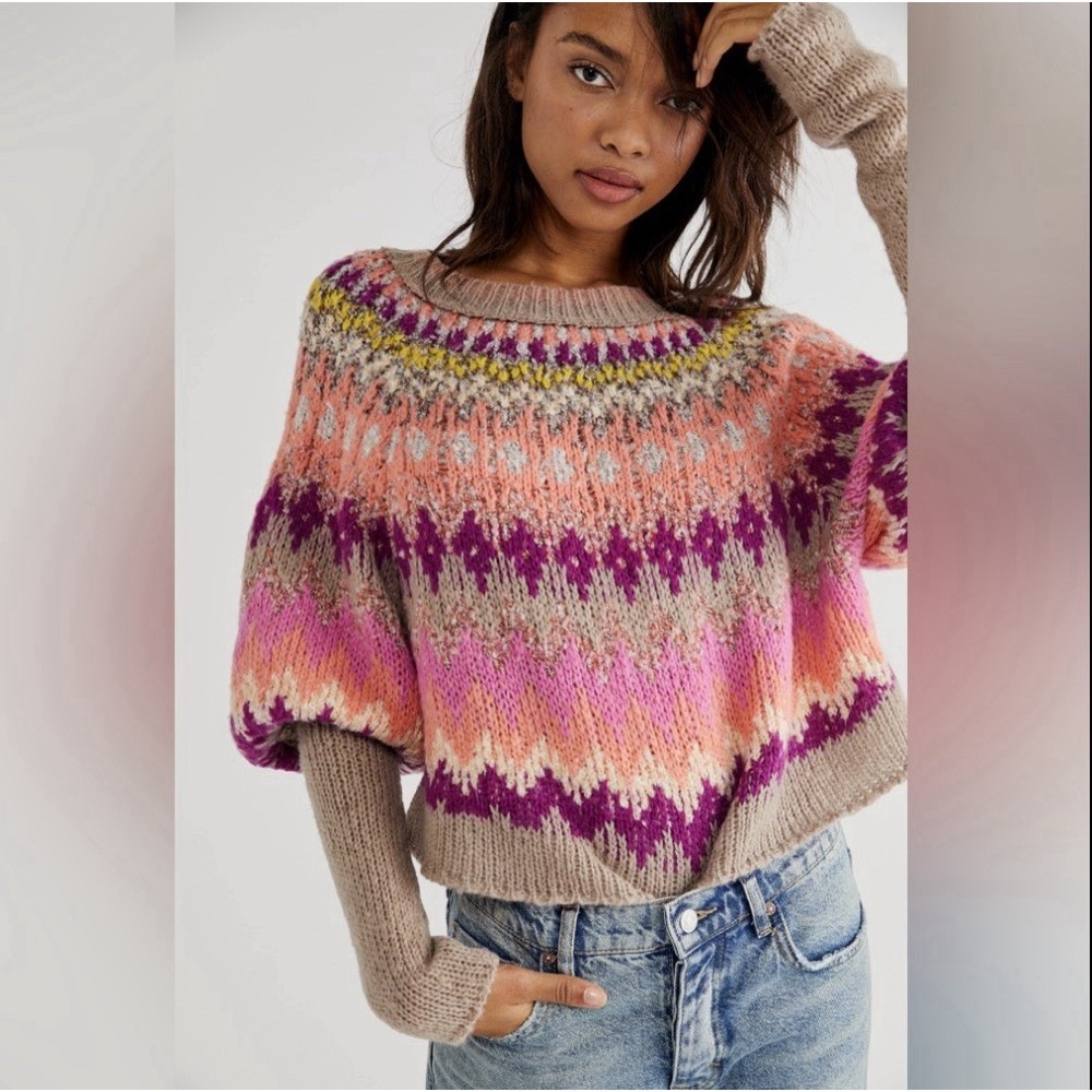 Free People Home For The Holidays Sweater XS Raspberry Fair Isle OB1409809